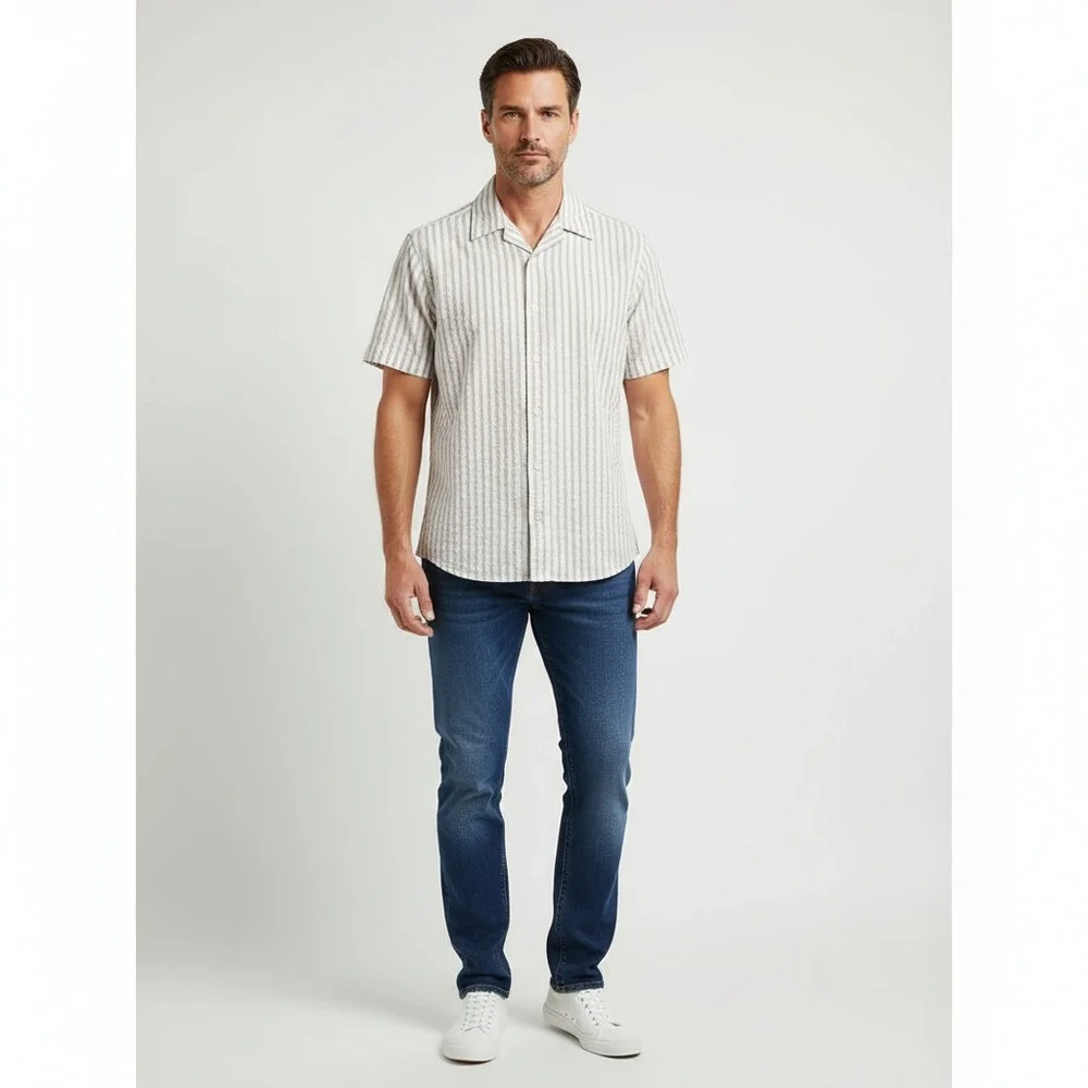 Banana Republic Shirt Medium Khaki White‎ Seersucker Camp Shirt Coastal Preppy